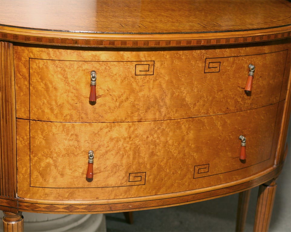 Art Deco Demilune chest, beautiful burlwood with orginal bakelite handles.