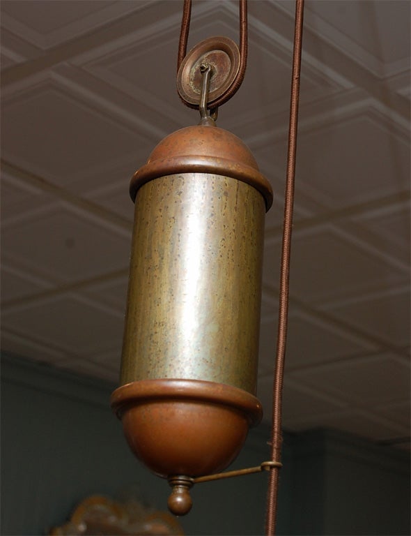 Antique -Brass Triple Pendant on Pulley For Sale 1