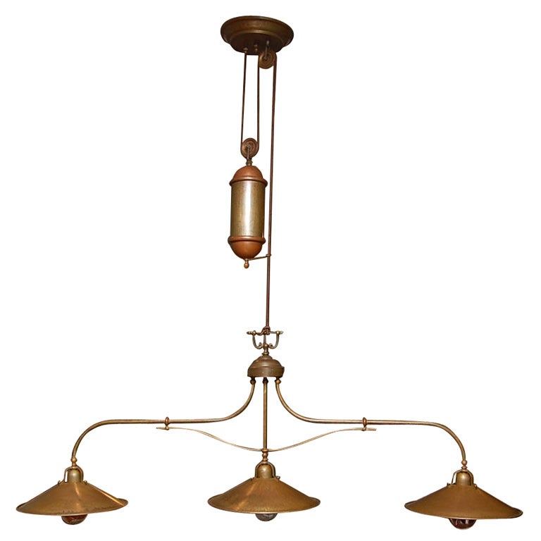 Antique -Brass Triple Pendant on Pulley For Sale