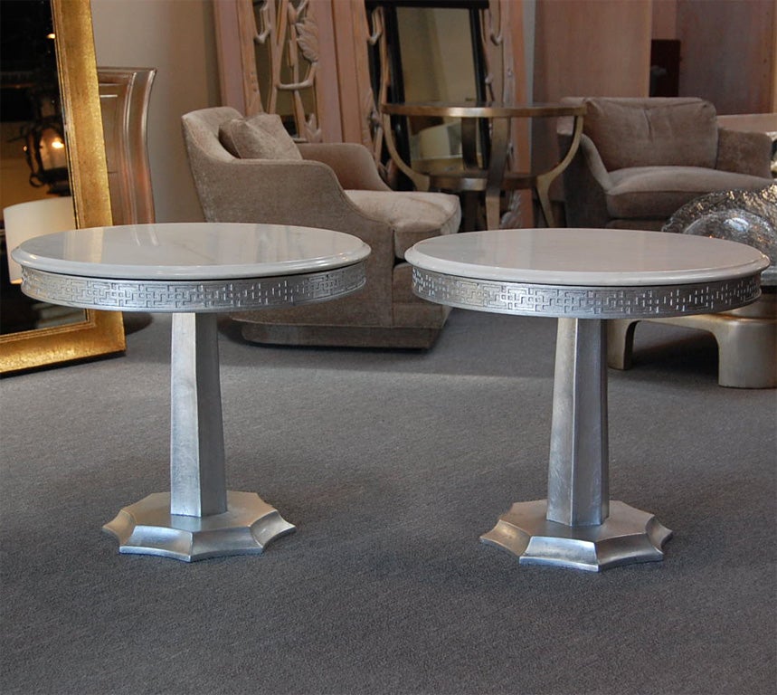 ELEGANT PAIR OF SCALLOPED  END TABLES WITH MARBLE TOPS