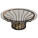 Black Faux-Bamboo Round Coffee Table with Antiqued Mirror Base