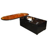 MODERN BLACK LACQUER AND BURL WOOD DESK