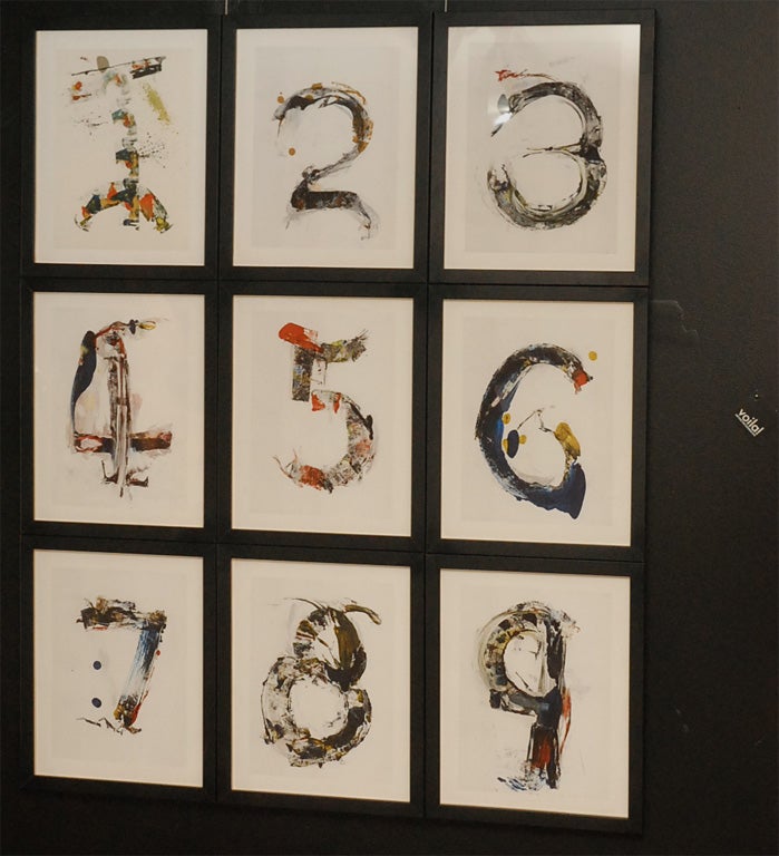 A set of ten framed numbers, zero through nine (zero not pictured).<br />
<br />
Size listed below is the size of each of the ten framed pieces. <br />
<br />
$350 each or $3,000 for the set.