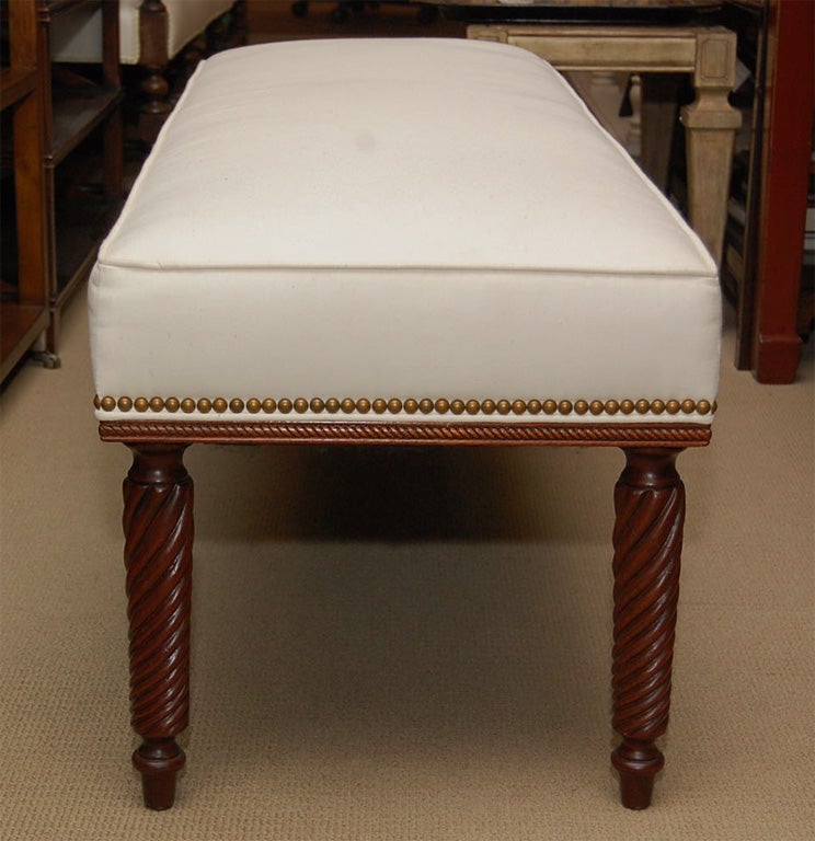 Spiral Leg Fruitwood Upholstered Bench In Excellent Condition For Sale In Southampton, NY