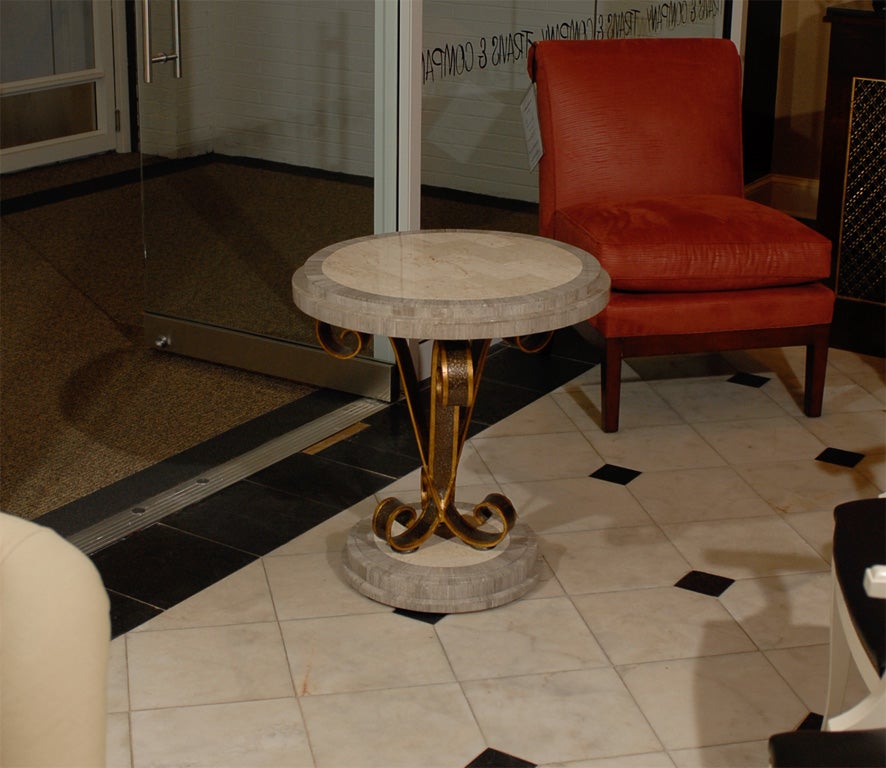 Pair of 1940's style French Marble Top Gueridons in Gilded Iron