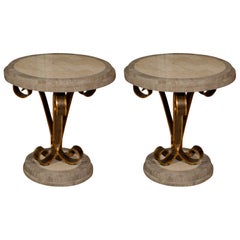 Pair of 1940
s style French Marble Top Gueridons in Gilded Iron