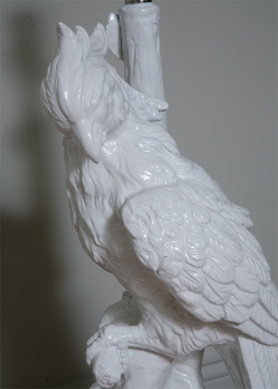 Mid-20th Century Pair of White Ceramic Parrot lamps