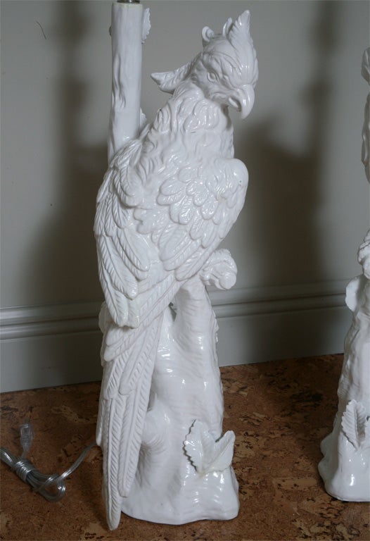 Pair of White Ceramic Parrot lamps 2