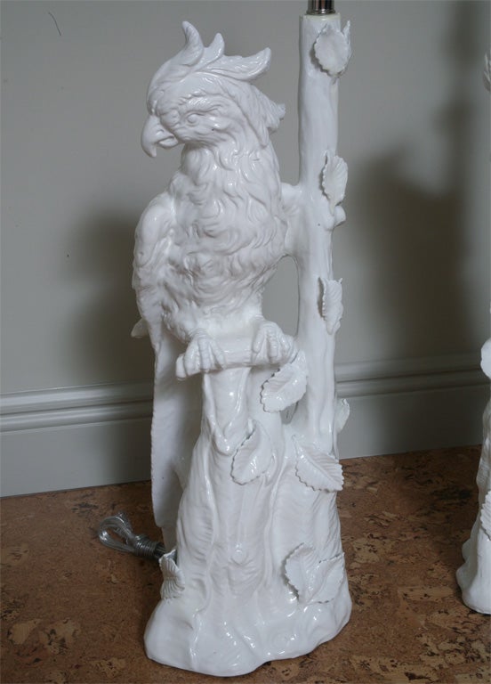 Pair of White Ceramic Parrot lamps 3