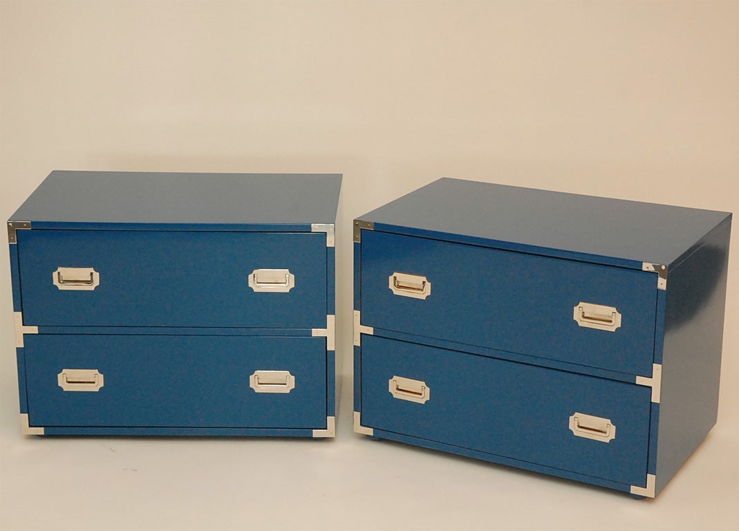 Pair of lacquered  campaign dressers  with polished nickel hardware.  Great to use  as  nightstands!