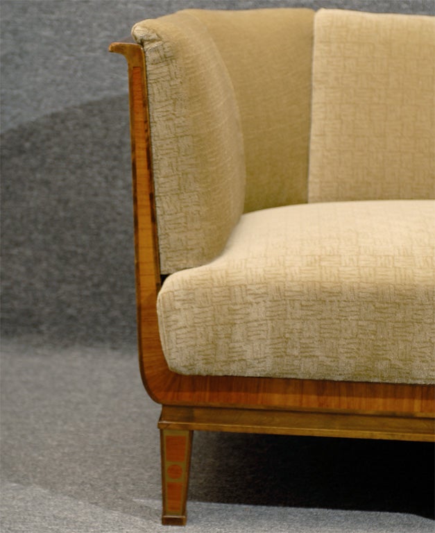 Swedish Art Deco Birch and Satinwood Sofa in Donghia Wool Mohair 1