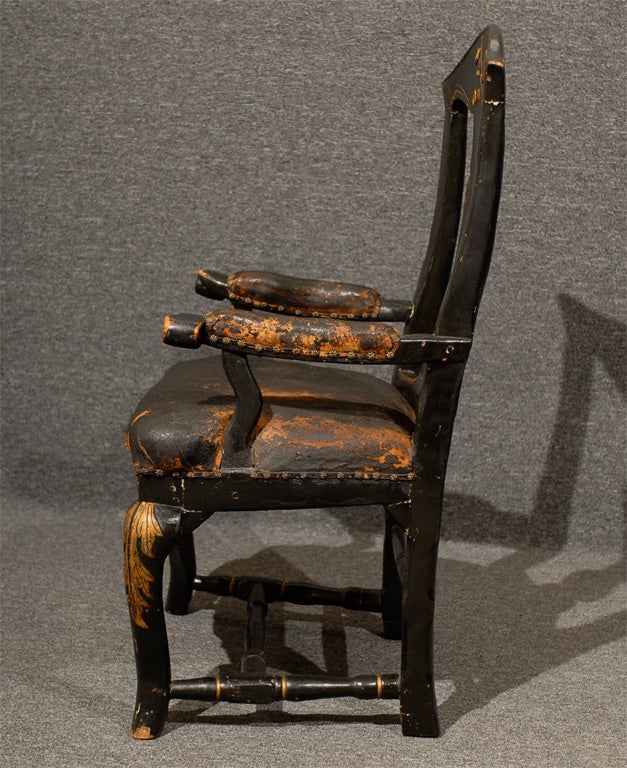 Leather Swedish Baroque Captain's Arm Chair c. 1750 For Sale