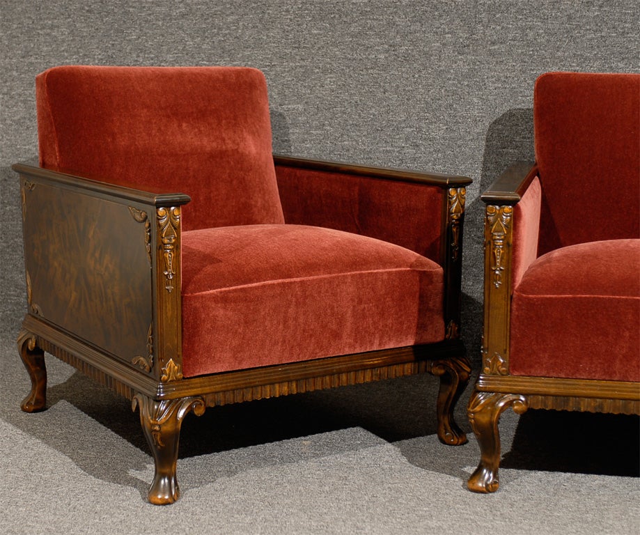 Pair of Swedish Art Deco Neoclassical Flame Birch Club Chairs In Excellent Condition In Atlanta, GA