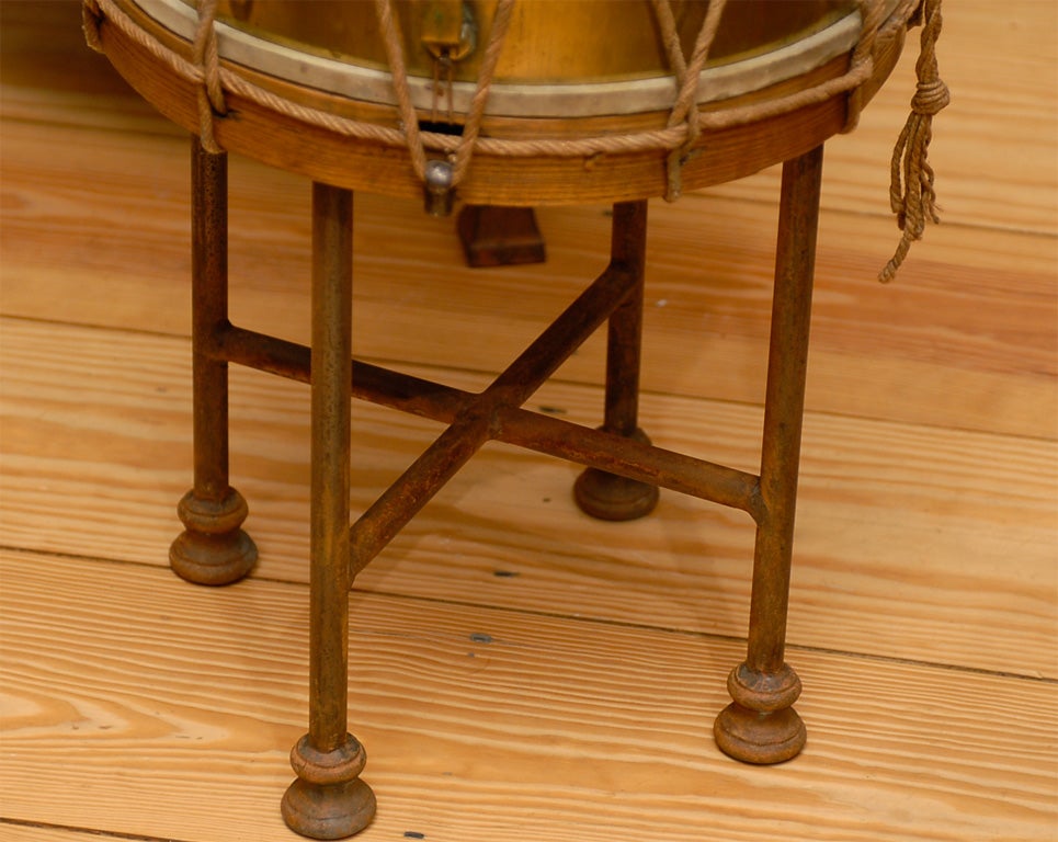 English Vintage Brass Drum Table on Iron Base with X-Shaped Stretcher In Good Condition In Atlanta, GA