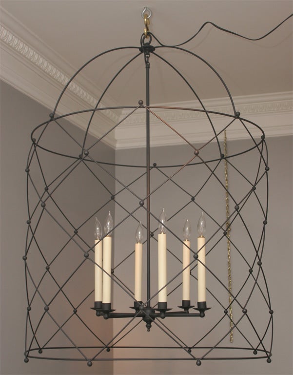 Fine custom made bird cage lantern in bamboo iron and matte black finish with six lights. Height: 39