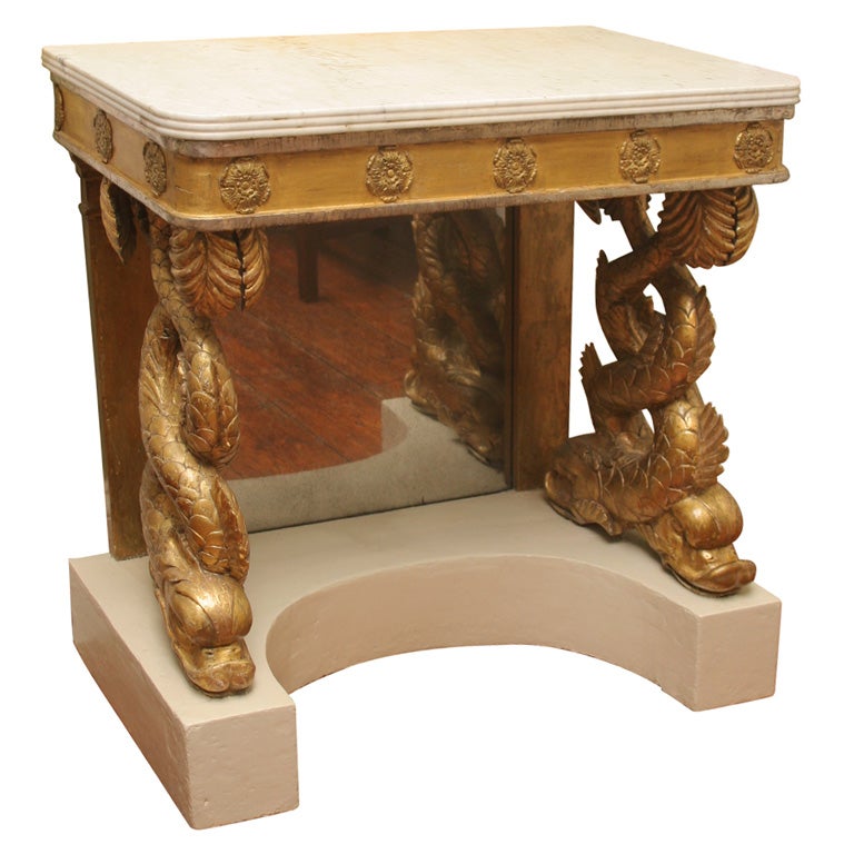 Carved Giltwood Dolphin Console Table, Original Marble Top Swedish circa 1820 For Sale