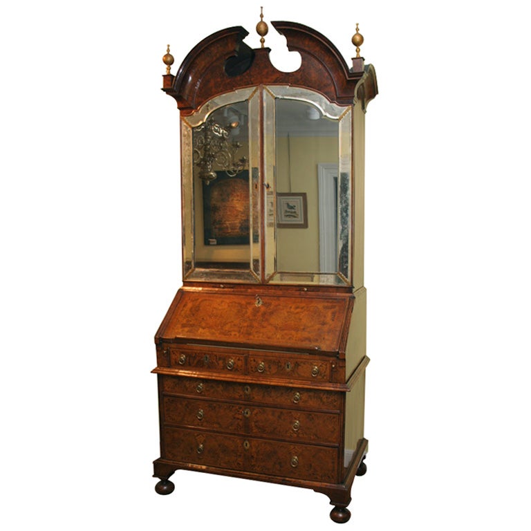 The Walton Hall Queen Anne Burl Walnut Secretary Bookcase, English, circa 1705 For Sale