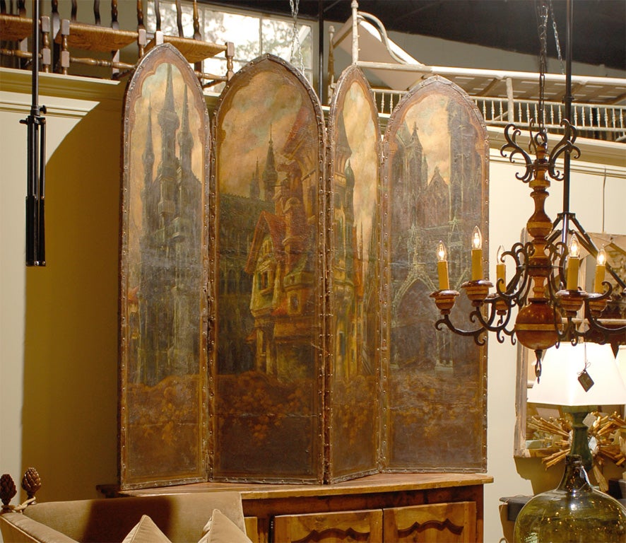 French 4 panel leather screen with original oil painting of 'The Town Square'.<br />
<br />
To see more items from Foxglove Antiques, please visit our website: www.foxgloveantiques.com