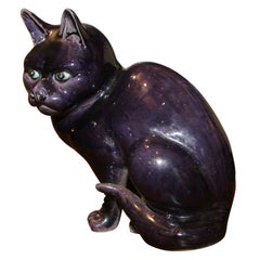Antique Chinese Aubergine-Glazed Porcelain Figure of a Cat
