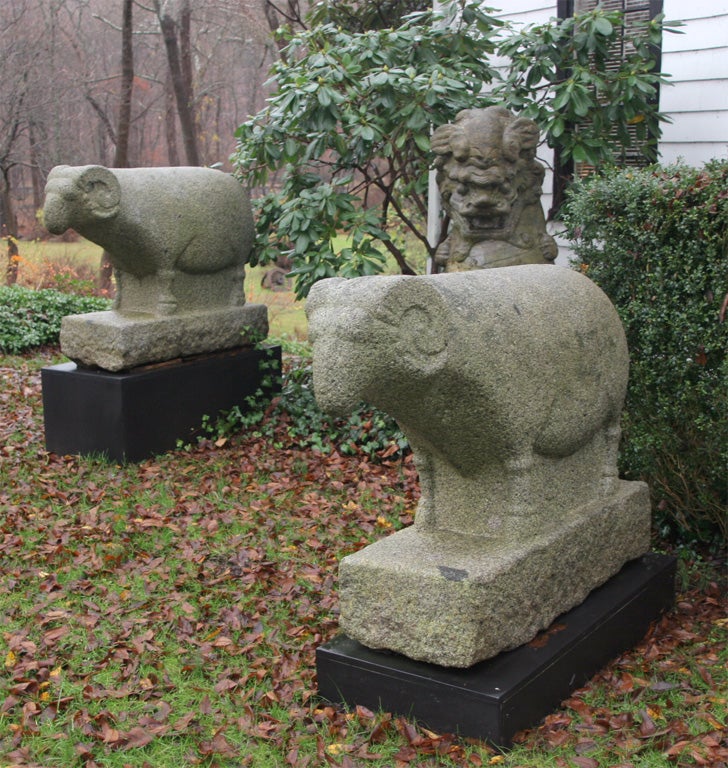 Pair of Korean Carved Granite Rams