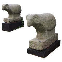 Pair of Korean Carved Granite Rams