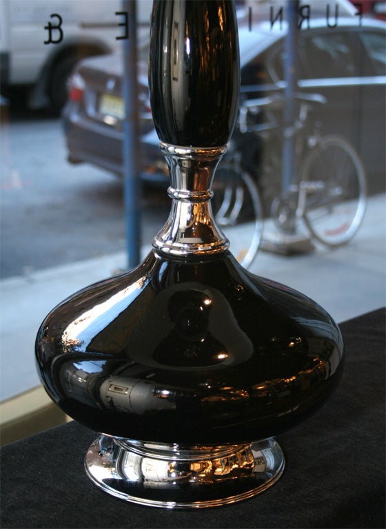 American Mid-Century Modernist Black Glazed Ceramic Lamp with Chrome Base For Sale