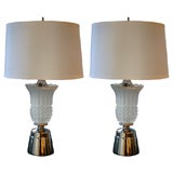 Pair of Hollywood Urn Lamps in Nickel 
Frosted Glass