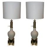 Vintage Pair of Satin Brass and Porcelain Lamps