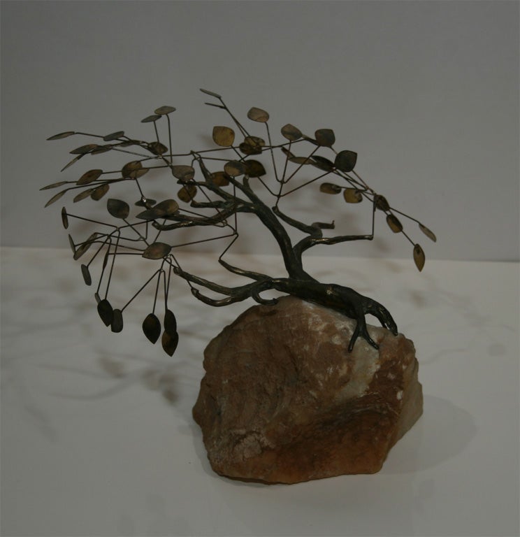 American Curtis Jere Bronze Bonsai Tree on Rock Quartz