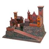 Antique Painted Wooden Model of a Medieval Castle,  19th Century