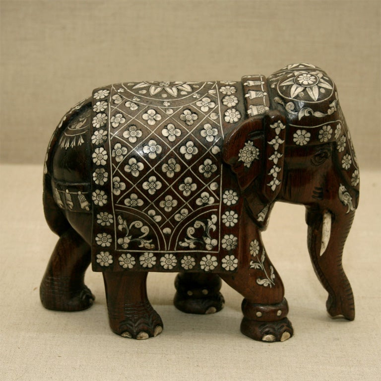 Hardwood Pair Small Carved Anglo Indian Bone Inlaid Elephants