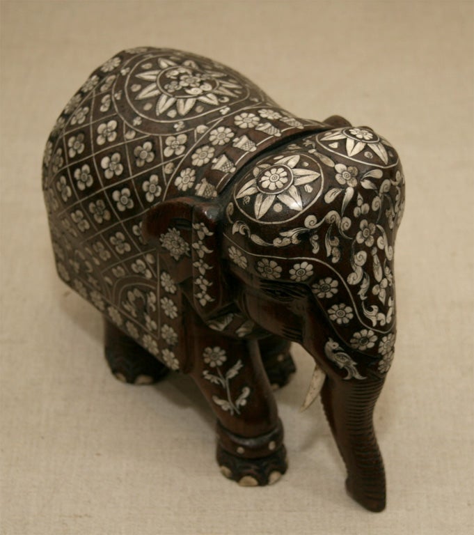 Pair Small Carved Anglo Indian Bone Inlaid Elephants 1