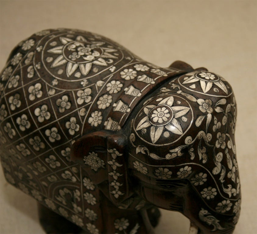 Pair Small Carved Anglo Indian Bone Inlaid Elephants 2