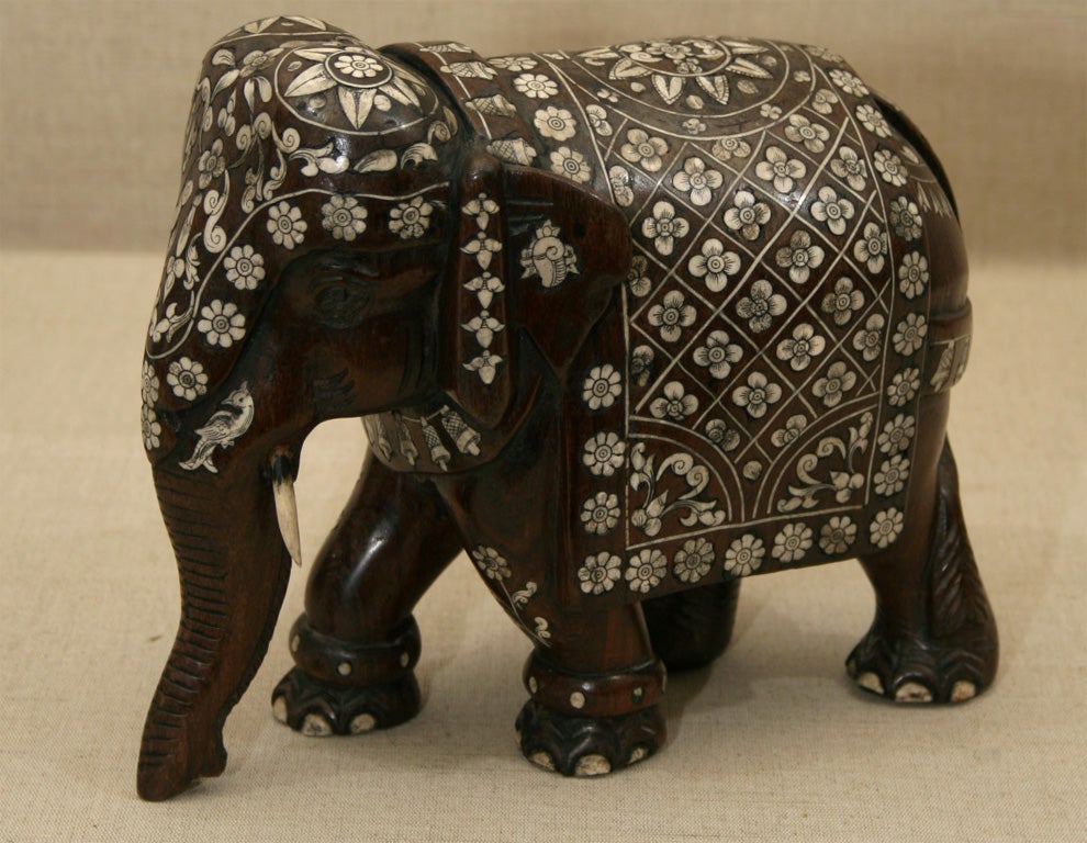 Pair Small Carved Anglo Indian Bone Inlaid Elephants 4
