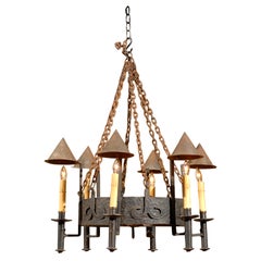 French iron chandelier with six lights and cone shades