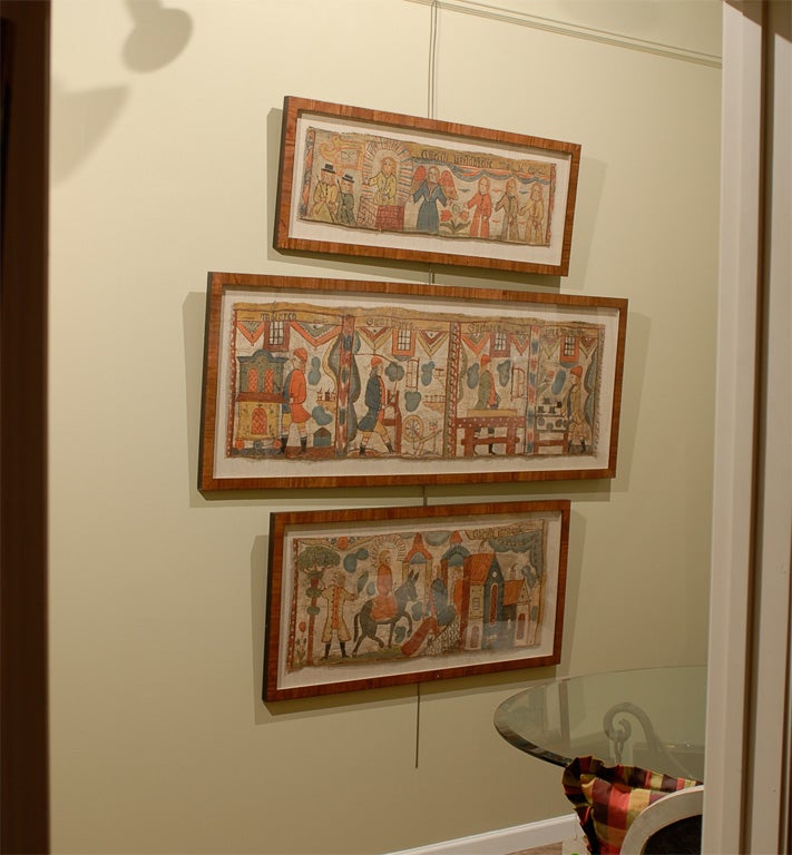 Swedish folk art: these narrative paintings traditionally depicted Bible stories and are called ‘bonads’, meaning ‘decorative wall hangings’. The style of painting is very similar to that of Nils Lindberg (1719 - 1788) who became the founder of the