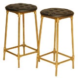 Vintage Pair Of Brass And Leather Barstools