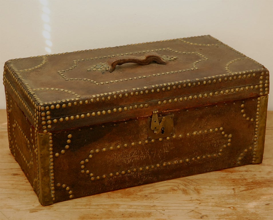 19th Century American Stagecoach Leather Trunk with Brass Nailheads
