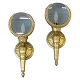 Antique Pair of Early 20th C  English Gilt Brass Sconces With Magnifiers