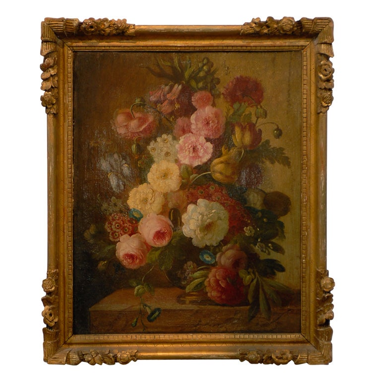 18th Century French Framed Painting of Roses with Original Gilt