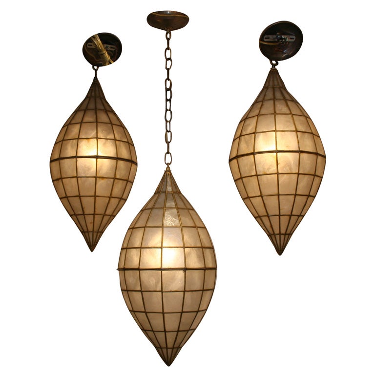 Elliptical form capiz shell pendant fixture