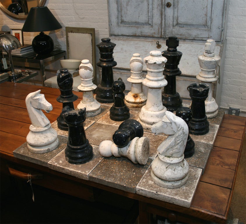 Oversized composition cement and stone garden chess set with cement tile board