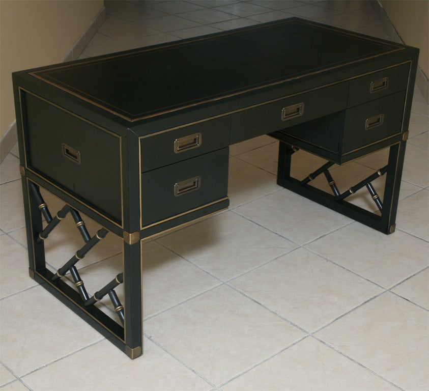 Elegant Ebonized Campaign Desk Gilt Tooled Leather Top