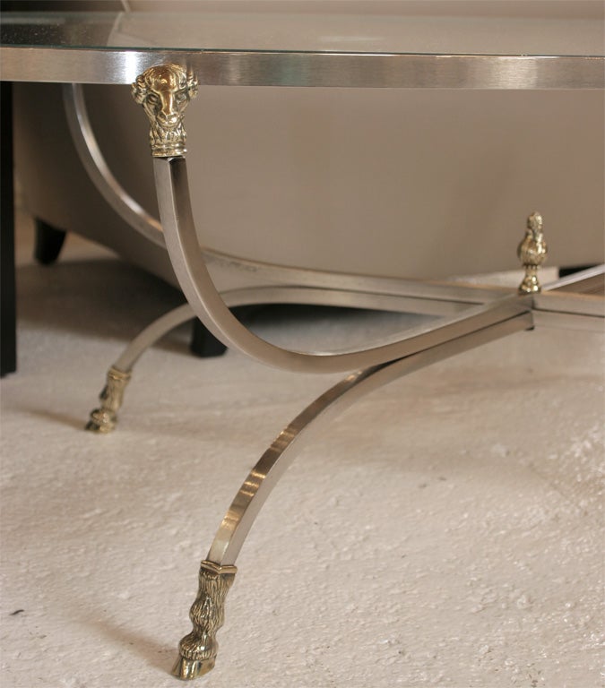 Mid-20th Century Oval Steel and Brass Rams Head Coffee Table