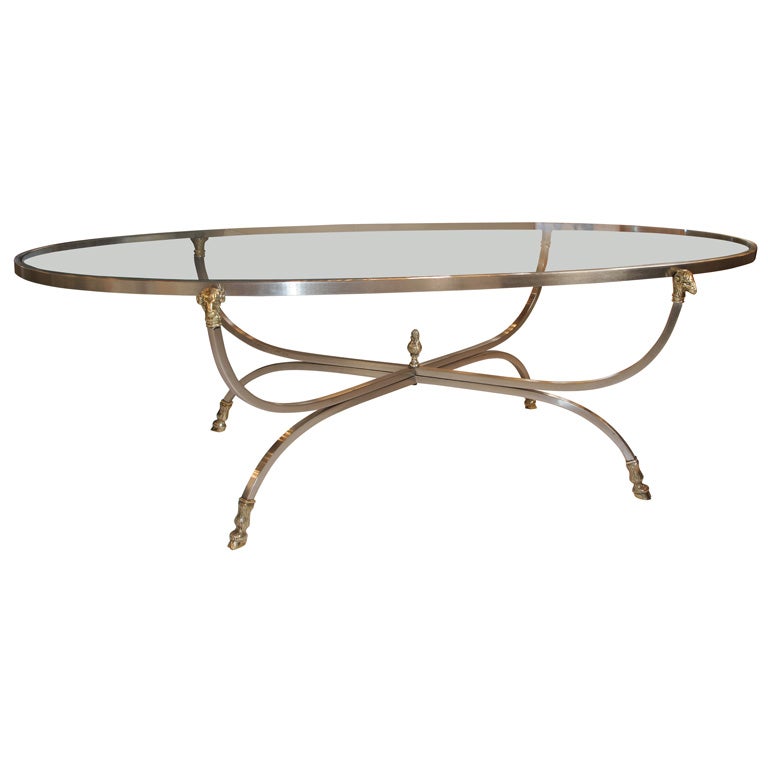 Oval Steel and Brass Rams Head Coffee Table