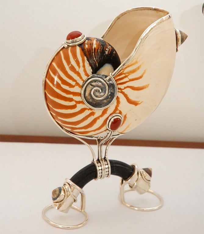Contemporary Nautilus Shell, Carnelian, and Sterling Vessels