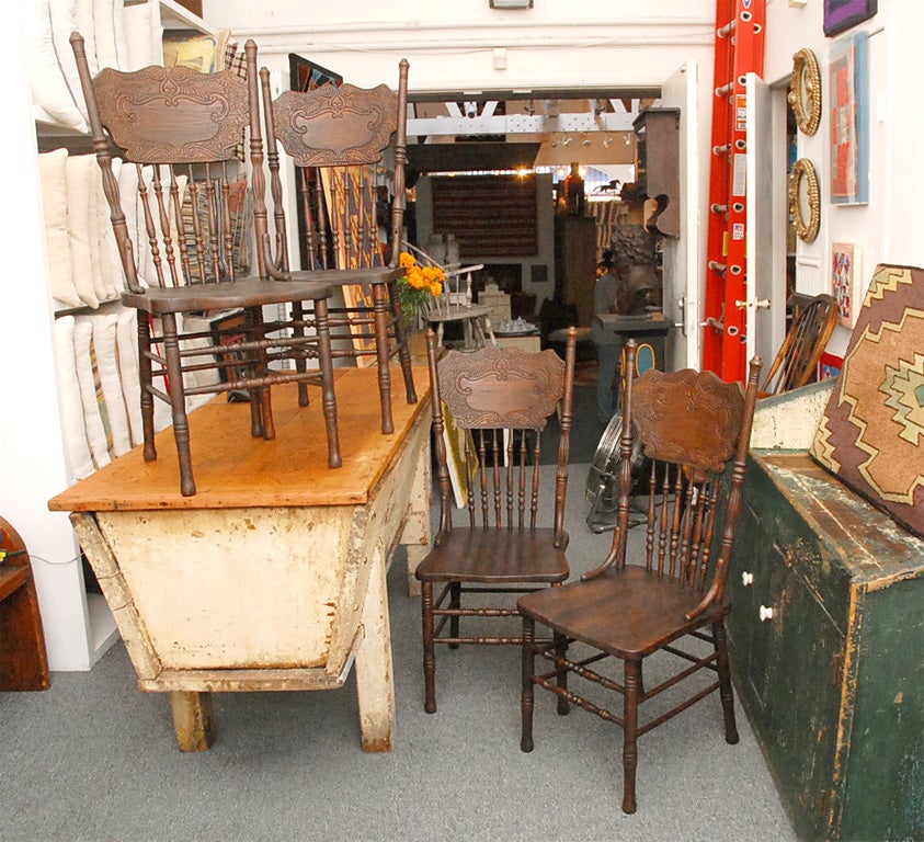 19TH C. SET OF 4 PRESSED BACK CHAIRS. WONDERFUL OLD SURFACE IN GOOD CONDITION, SOLD IN AS FOUND. 4 CHAIRS SOLD AS A SET ONLY FOR 1450.<br />
<br />
SET OF 4 CHAIRS $3250