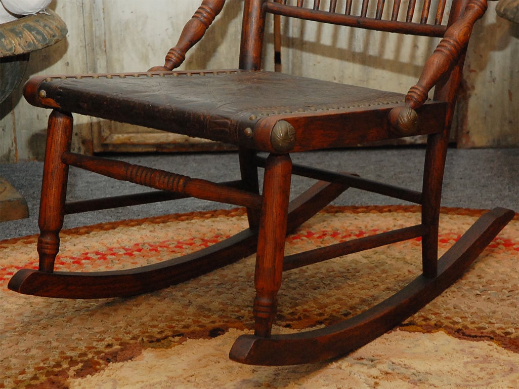 American 19THC ORIGINAL OLD FINISH HICKORY AND LEATHER ROCKING CHAIR