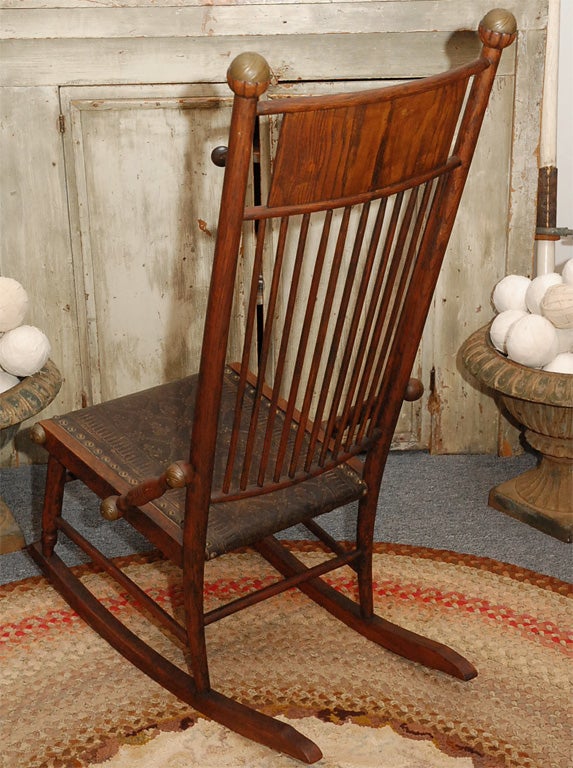 19THC ORIGINAL OLD FINISH HICKORY AND LEATHER ROCKING CHAIR 3