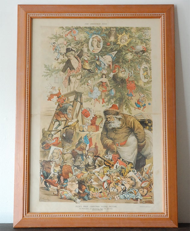 19TH C. THE CHRISTMAS PUCK PRINT IN PINE WOOD FRAME